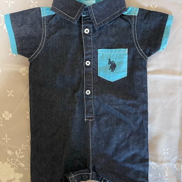 Us Polo Assn. Baby Boy One Piece Outfit Romper shorts denim 3m/6m Excellent used - Picture 5 of 9